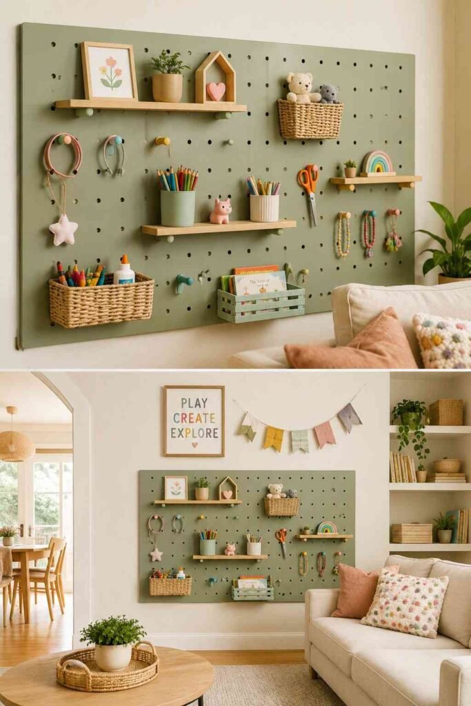 Sage green pegboard wall with baskets hooks and shelves holding art supplies and toys in kids living room corner