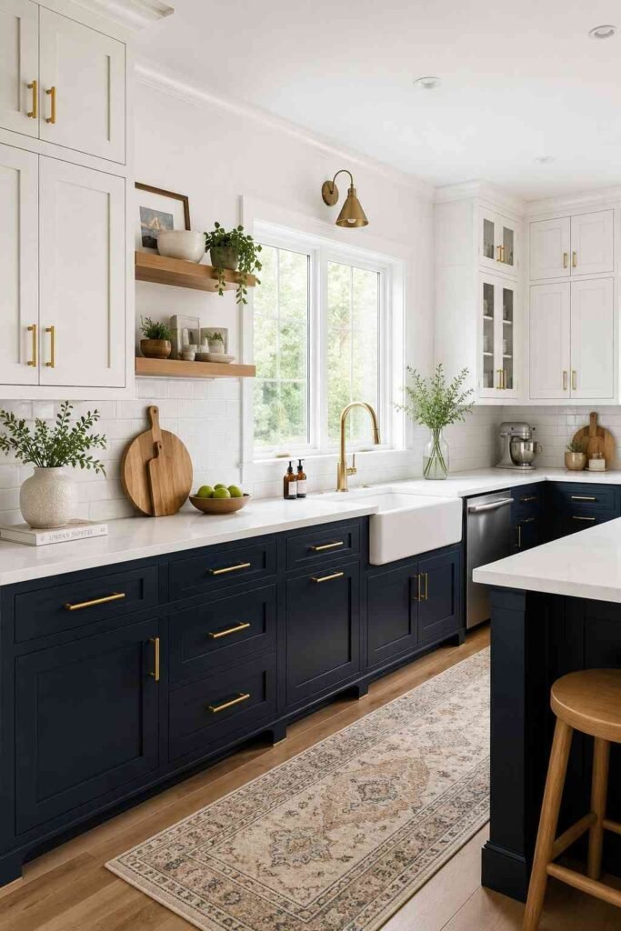 Modern two tone kitchen with white upper cabinets navy blue lower cabinets and brushed brass hardware throughout