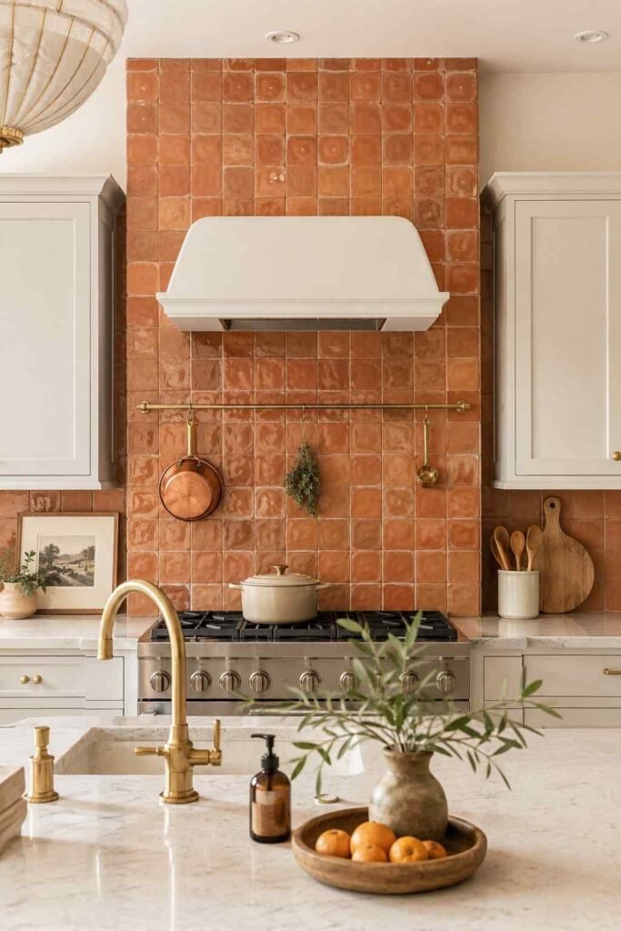 Handmade terracotta ceramic tile backsplash extending to ceiling behind stove with white cabinets and brass faucet