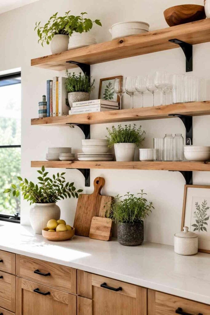 Natural oak open wood shelves styled with white dishes glassware herbs and cookbooks in bright white kitchen