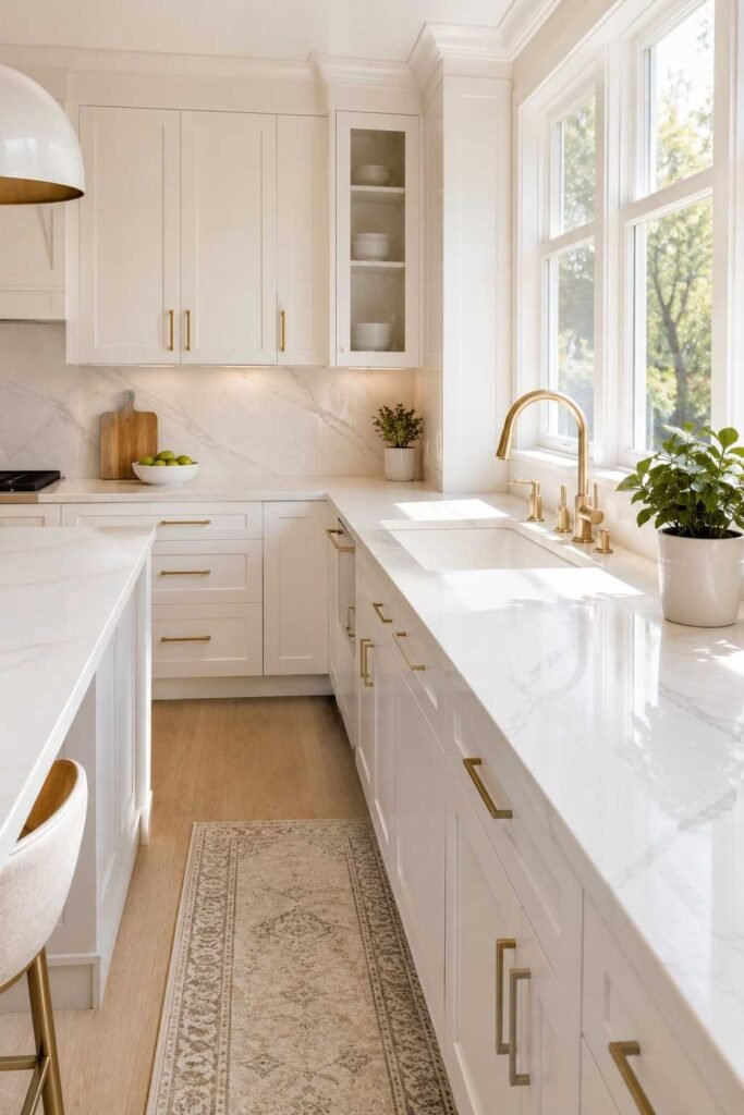 Soft white matte quartz countertops with grey veining in luxurious bright kitchen with white shaker cabinets and gold faucet