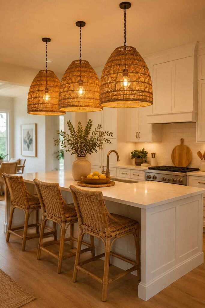Three oversized rattan pendant lights above white kitchen island with rattan bar stools in warm atmospheric kitchen