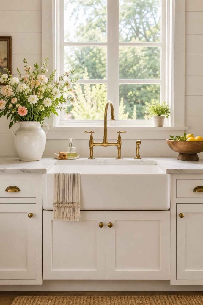 Classic white ceramic farmhouse apron sink with brass bridge faucet and fresh flowers in charming shaker cabinet kitchen