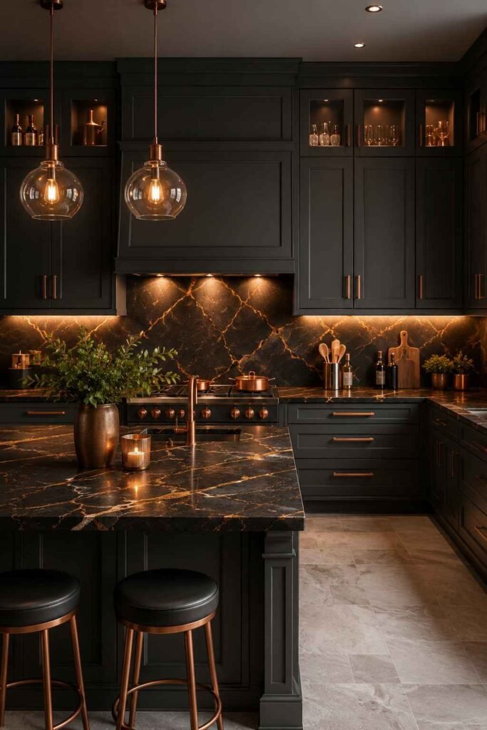 Dark charcoal cabinets with black marble countertops copper hardware and warm Edison pendant lights in moody luxury kitchen