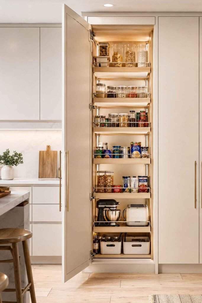 Tall flush pantry cabinet door open revealing organized pull out shelves with labeled jars and food in minimal kitchen