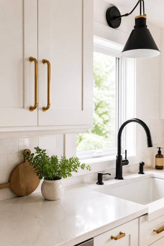 Brushed brass cabinet handles beside matte black faucet and light fixture showing mixed metal hardware in elegant kitchen