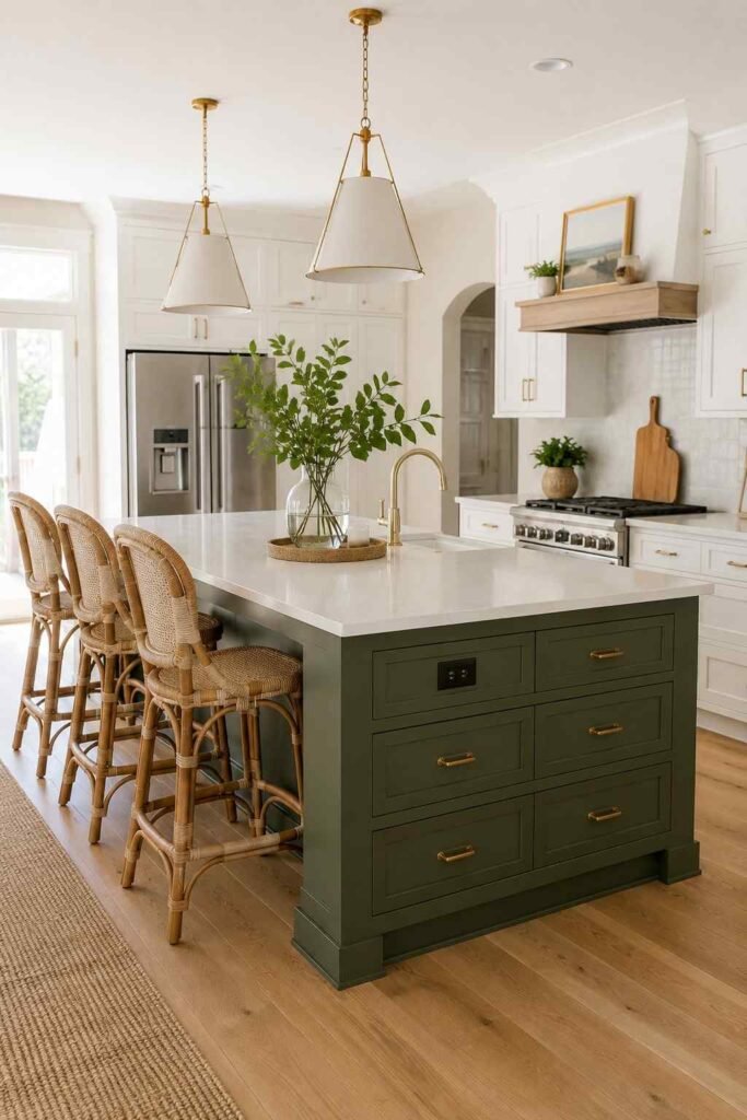 Deep green kitchen island with rattan bar stools pendant lights and deep drawers in bright white open plan kitchen