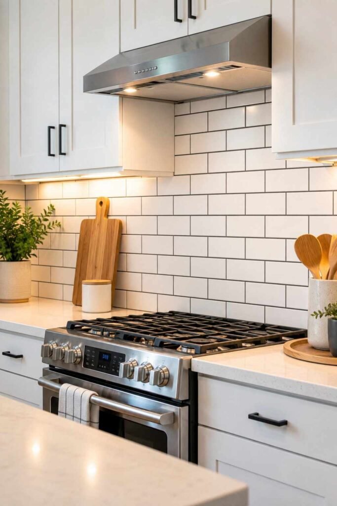 A beautifully styled kitchen backsplash covered in handmade sage green zellige tiles with naturally irregular surfaces catching warm light from above. White cream grout between tiles. White shaker cabinets, brass hardware, and warm wood open shelving beside. Artisan and luxurious kitchen atmosphere. Editorial interior photography.
