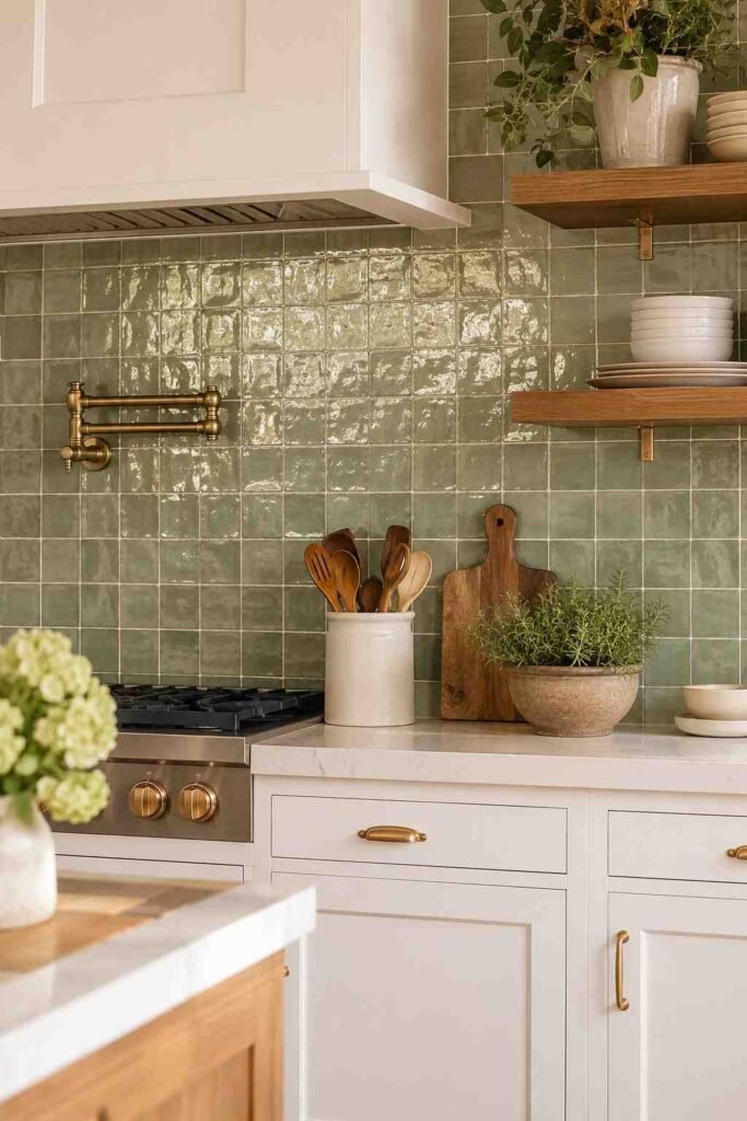 Handmade sage green zellige tile backsplash with irregular surface catching warm light in artisan styled kitchen