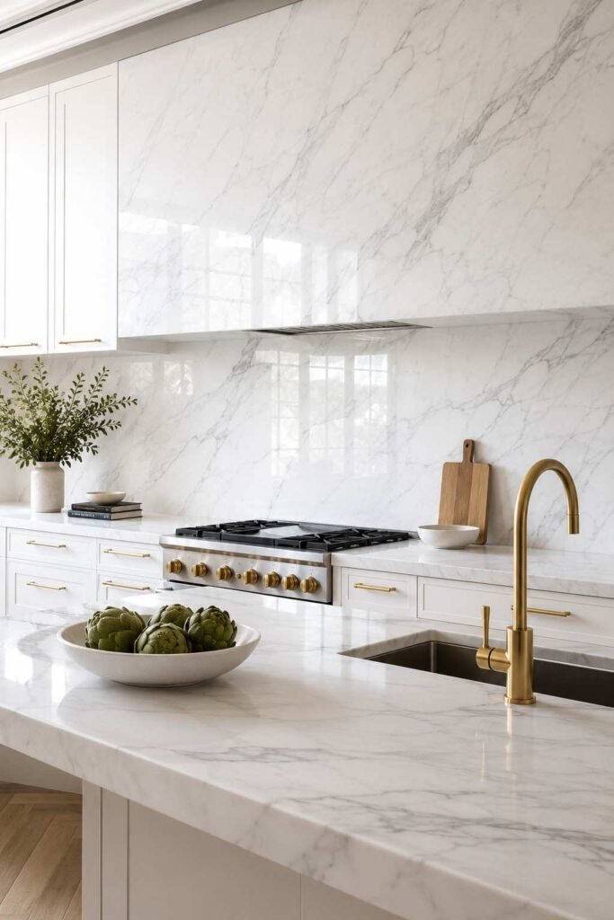 Seamless white Carrara marble slab backsplash from counter to cabinet with grey veining in luxury white kitchen