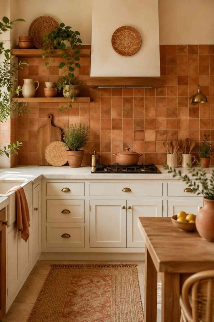 Matte terracotta tile backsplash in warm burnt orange tones with white cabinets brass hardware and wooden shelving