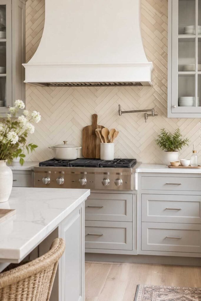 Soft cream herringbone tile backsplash with zigzag pattern behind stove in elegant grey and white kitchen
