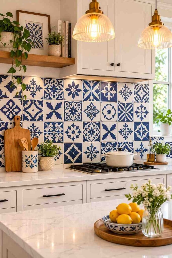 Bold navy blue and white geometric hand painted cement tile backsplash in characterful white kitchen