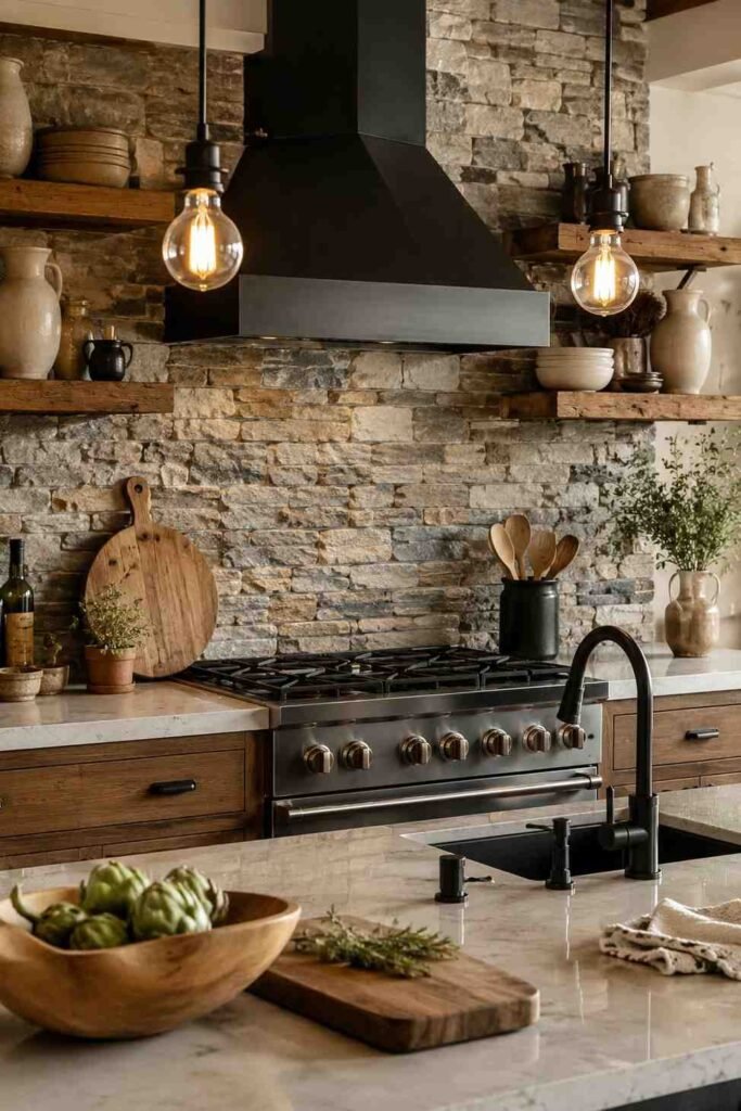 Natural stacked stone veneer backsplash in warm grey tones with dark wood shelving and Edison lights in farmhouse kitchen