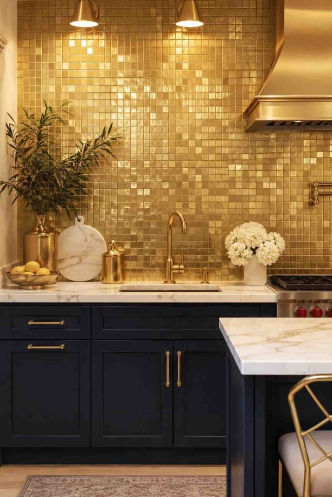 Brushed gold metallic square tile backsplash reflecting warm light in glamorous navy and gold Art Deco kitchen