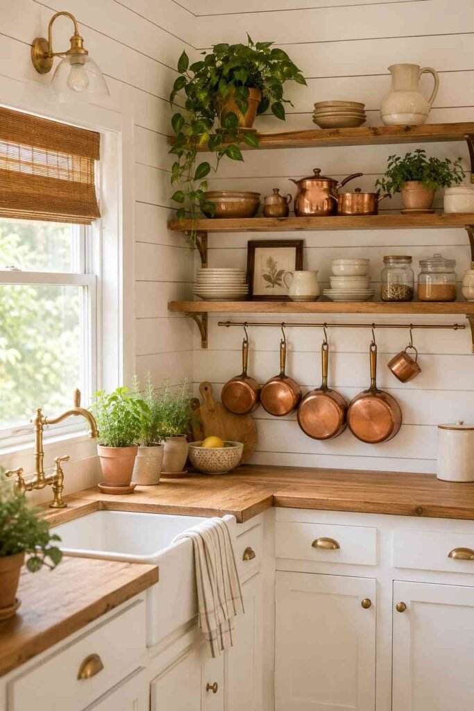 White painted shiplap wood backsplash with butcher block counter brass fixtures and herb pots in cozy farmhouse kitchen