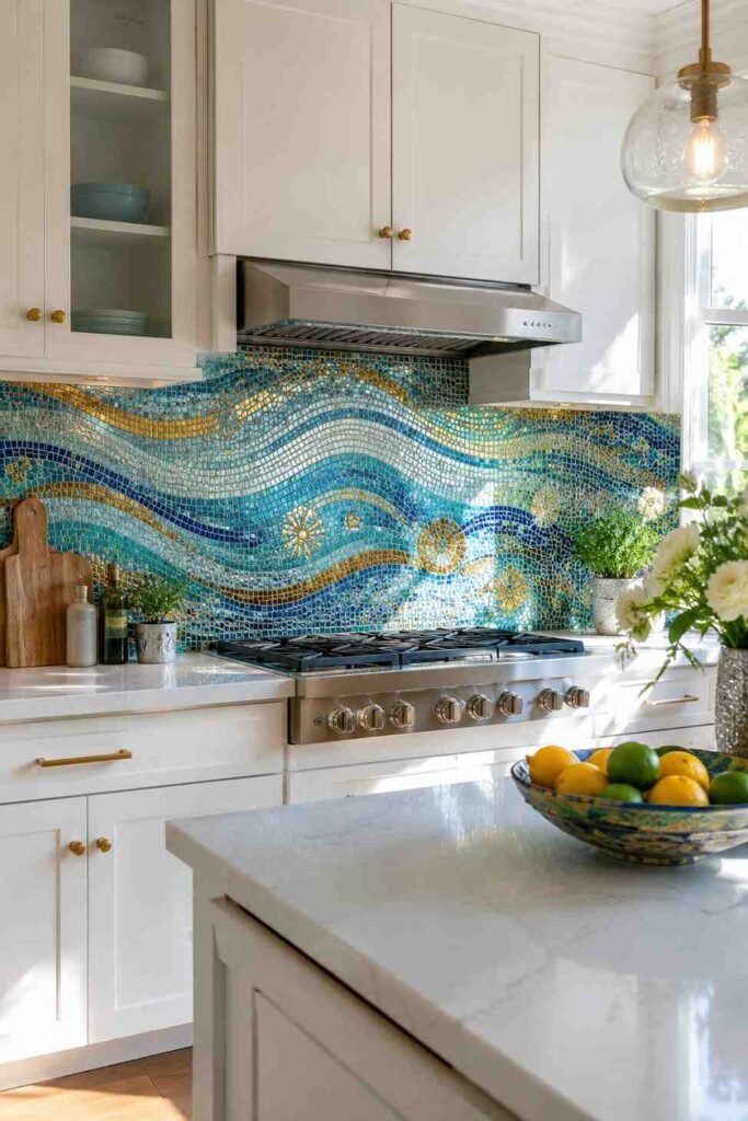 Shimmering ocean blue and green glass mosaic tile backsplash catching light in bright white artistic kitchen