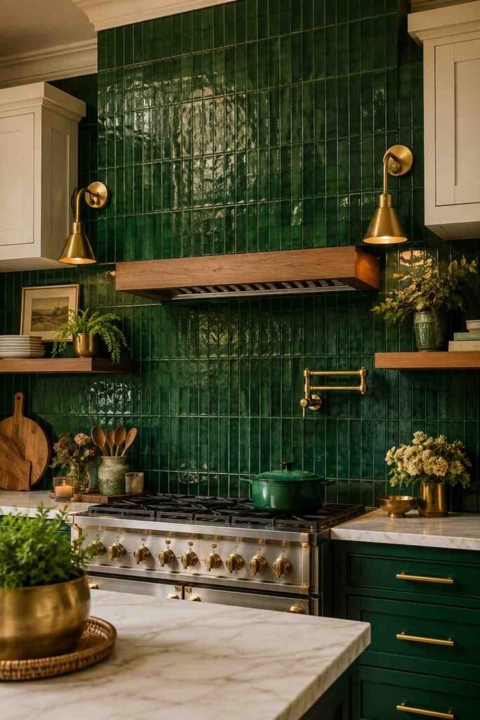 Glossy deep emerald green tile backsplash with brass sconces cream cabinets and wood shelving in bold jewel tone kitchen