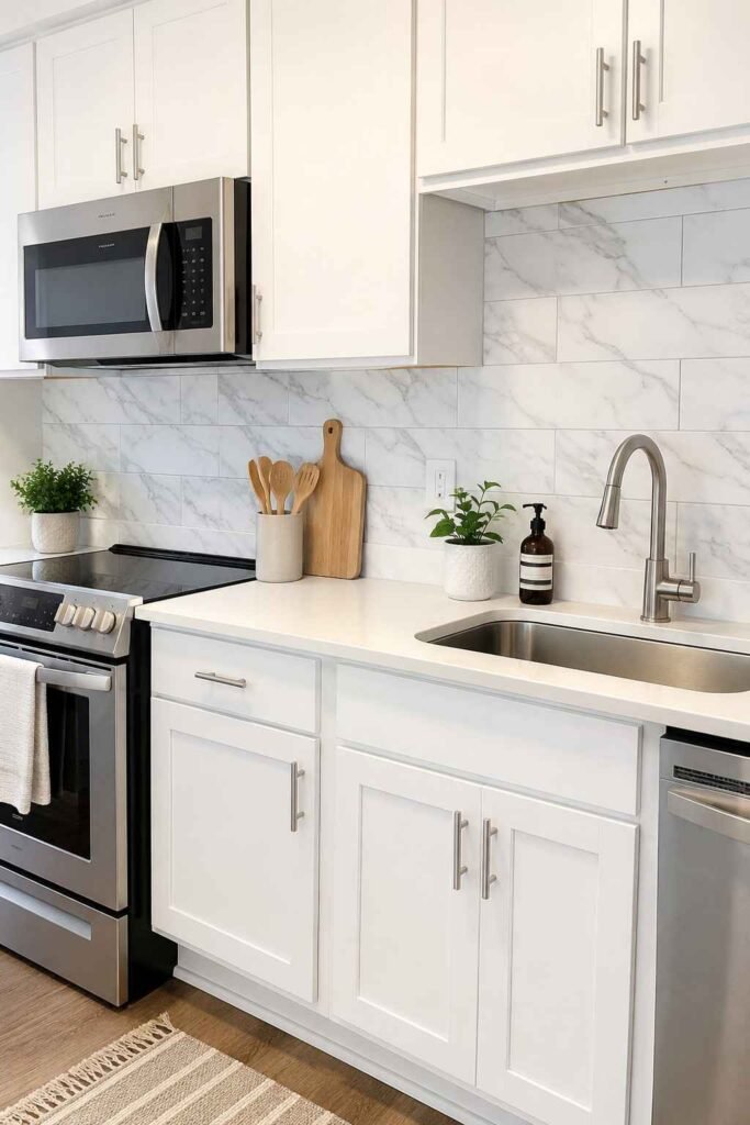 Realistic marble effect peel and stick tile backsplash in bright white rental kitchen with stainless steel appliances
