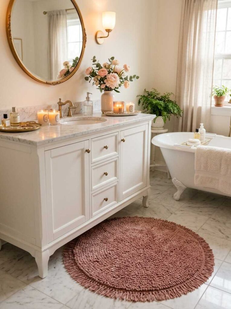 Velvety chenille bathroom rug in a cozy feminine bathroom.