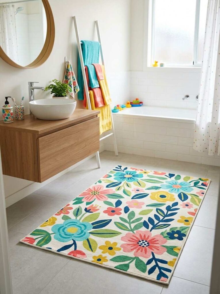 A colorful washable printed bathroom rug with floral patterns, playful family-friendly bathroom, bright towels, cheerful atmosphere, clean modern styling, realistic lifestyle interior photo.
