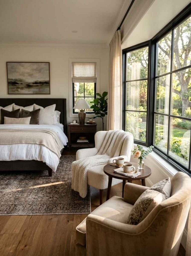 Couples bedroom sitting area with two accent chairs side table and warm morning light by window