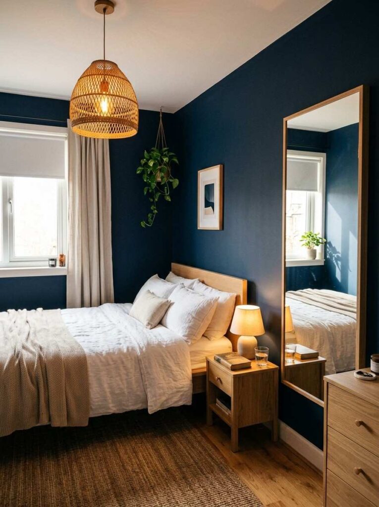 Navy blue small bedroom with large mirror white bedding light wood furniture warm lighting and minimal clutter for a cozy intimate feel