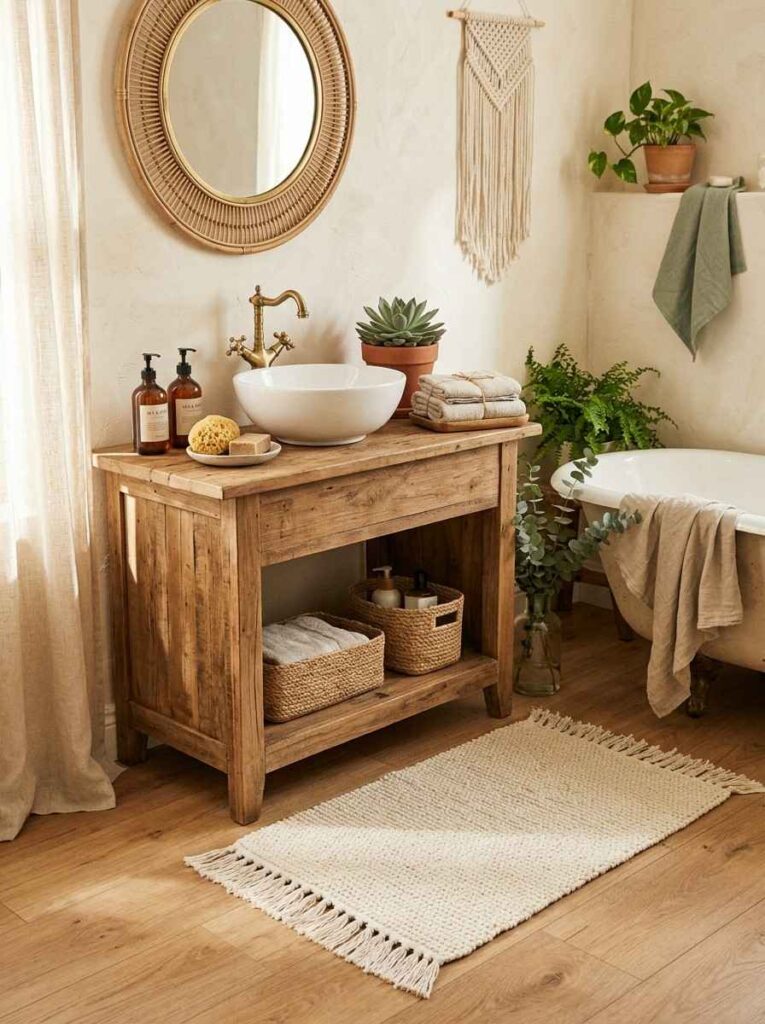 Fringed bathroom rug adding bohemian style to a cozy bathroom.