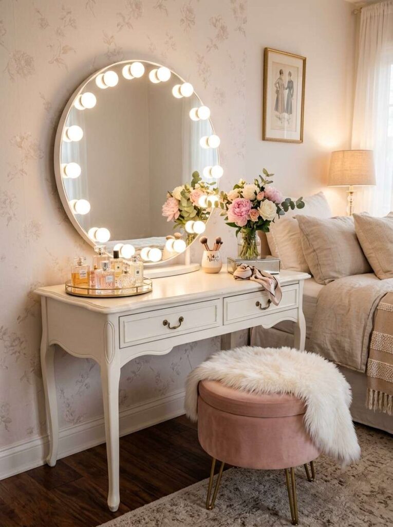 Shared couples bedroom vanity area with Hollywood mirror upholstered stool and warm lighting