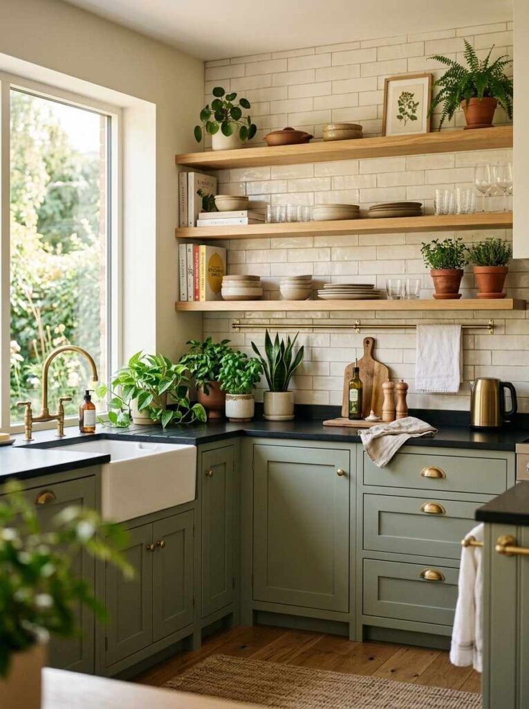 Black countertops with sage green cabinets brass hardware cream backsplash and wood shelving in a fresh modern kitchen
