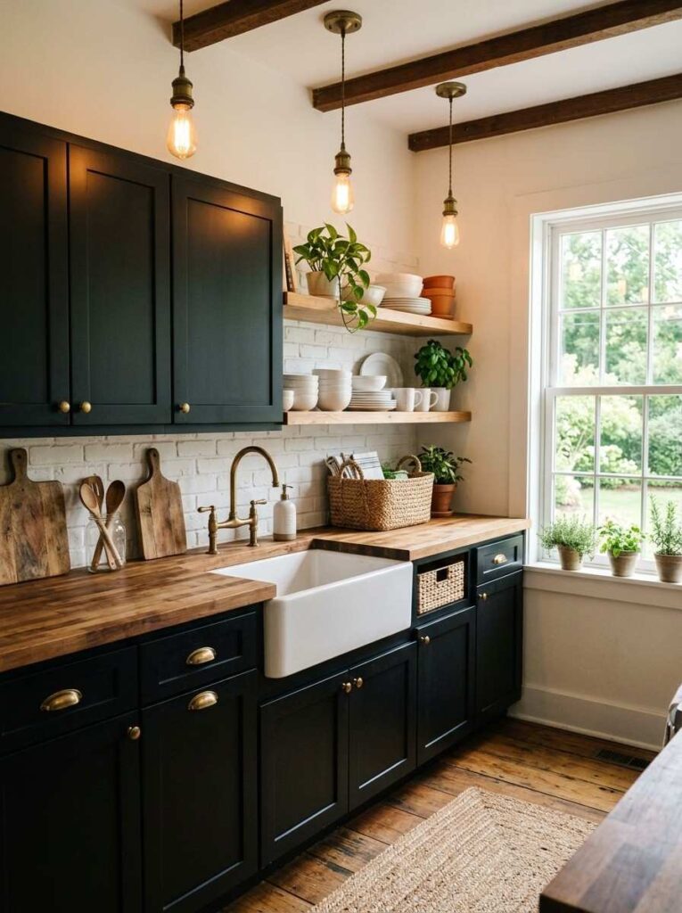 Farmhouse kitchen with matte black shaker cabinets apron sink open wood shelving and warm Edison lighting creating a cozy rustic and charming space