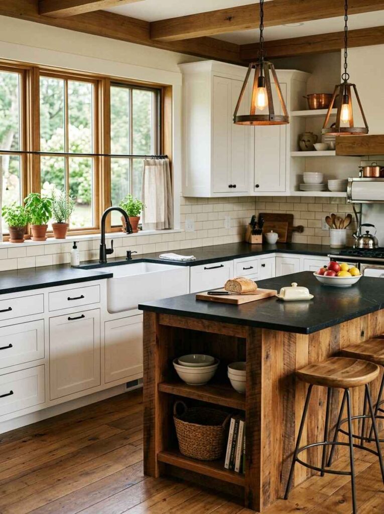 Kitchen with black countertops farmhouse sink white shaker cabinets and warm wood accents in a cozy farmhouse style