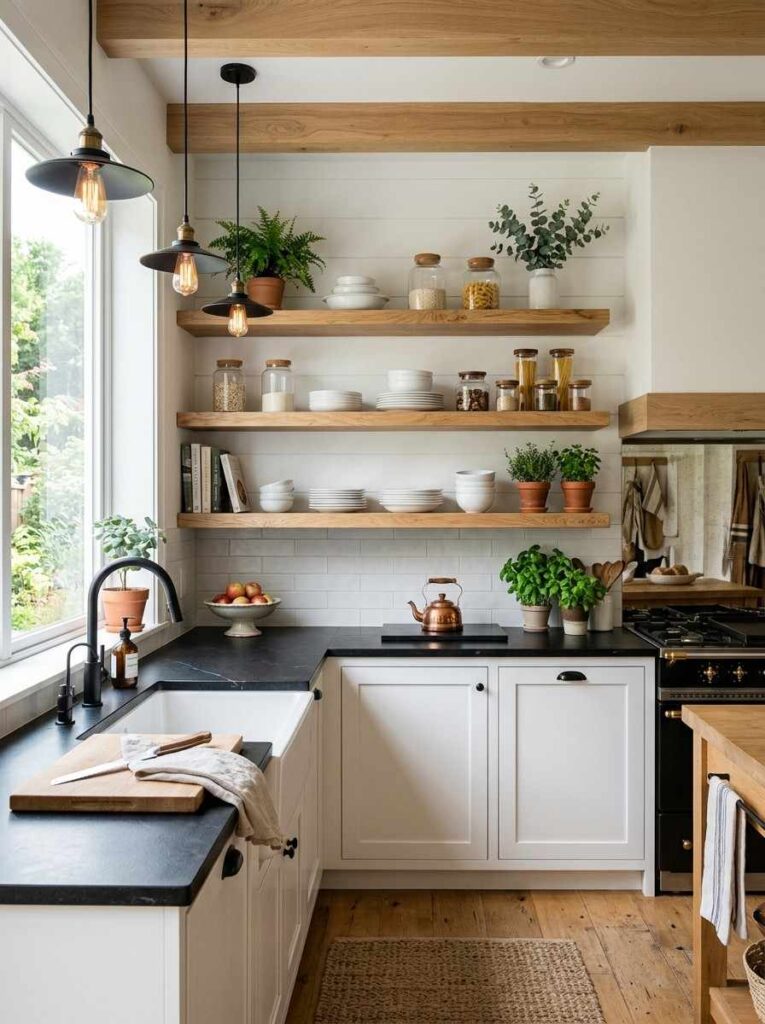 Black countertops with open wood shelving white dishes glass jars and green plants in a modern airy kitchen