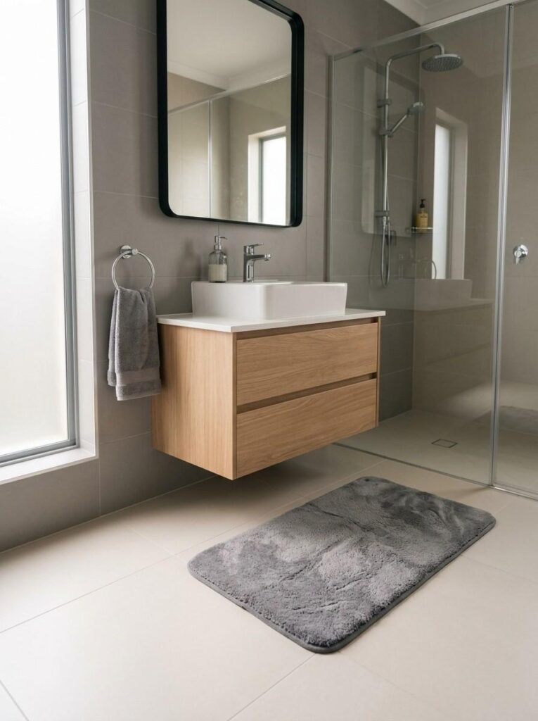Modern memory foam bath mat in a minimalist bathroom with sleek fixtures.
