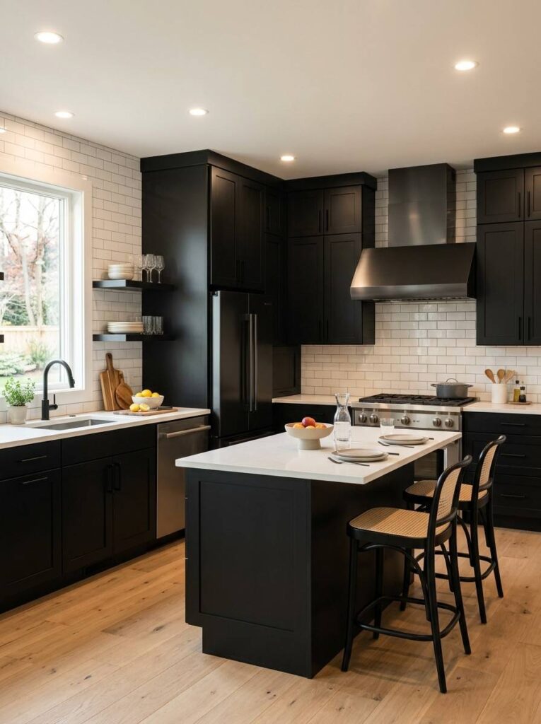 Black kitchen cabinets with white quartz countertops and white subway tile backsplash creating a timeless high contrast and elegant kitchen design