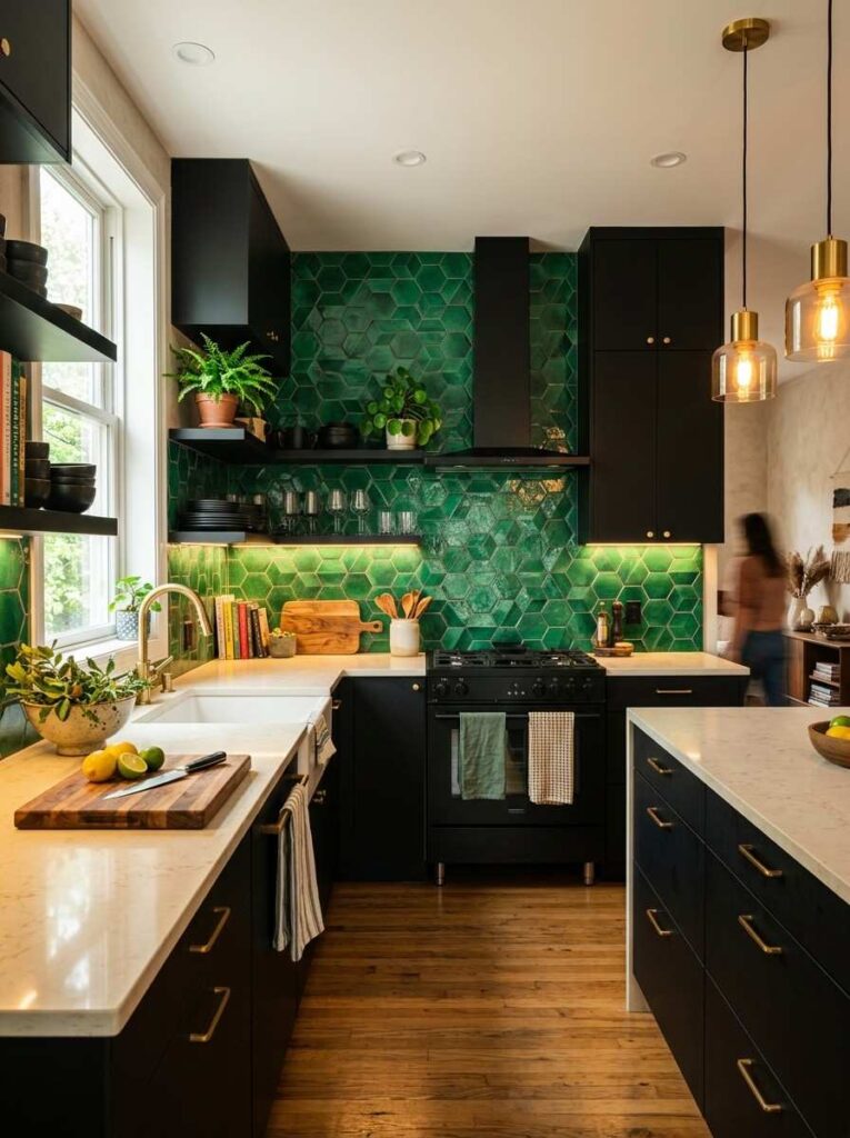 Black kitchen cabinets with bold emerald green geometric tile backsplash neutral countertops and warm lighting creating a confident creative and unique kitchen design