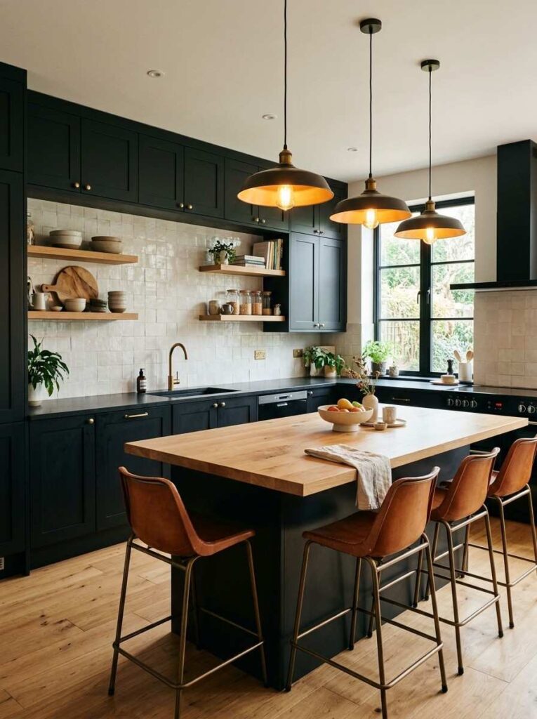 Black kitchen cabinets with warm oak wood island top open wood shelving and oak flooring creating a bold yet inviting modern and natural kitchen design