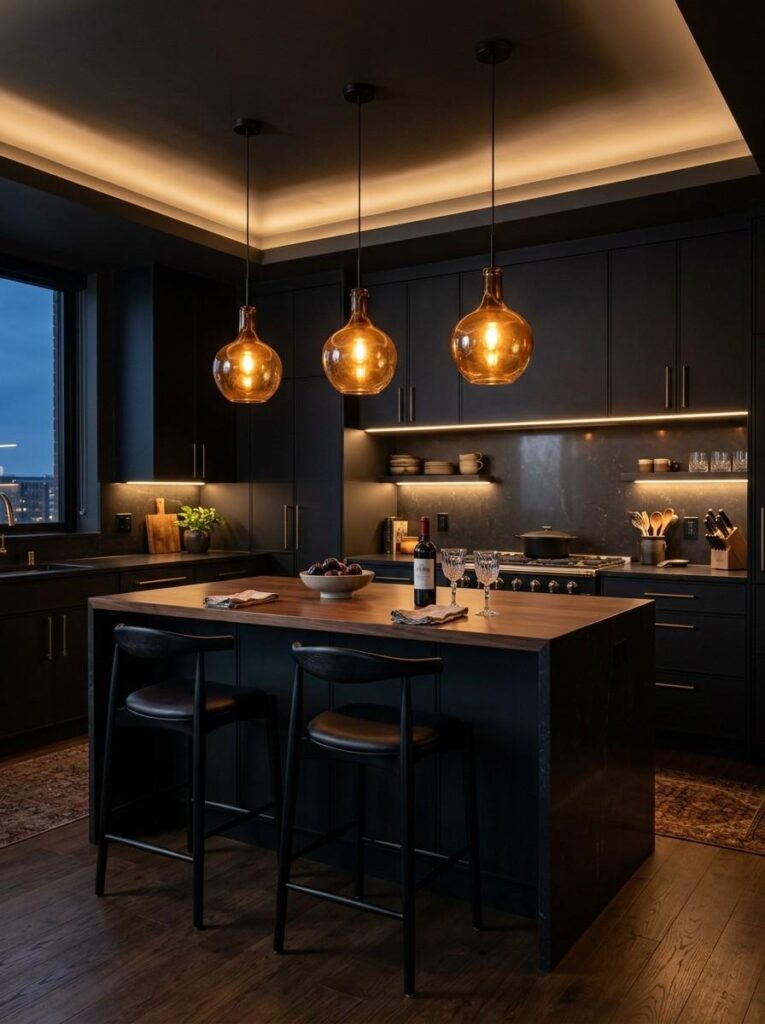 Black kitchen cabinets with warm amber pendant lights recessed ceiling lighting and under cabinet glow creating a dramatic intimate and luxurious evening kitchen atmosphere