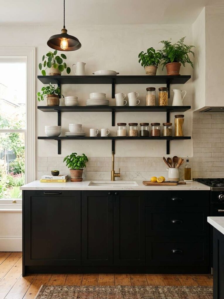 Black kitchen cabinets with open metal floating shelves styled with white dishes glass jars and green plants creating a curated and personality filled kitchen space