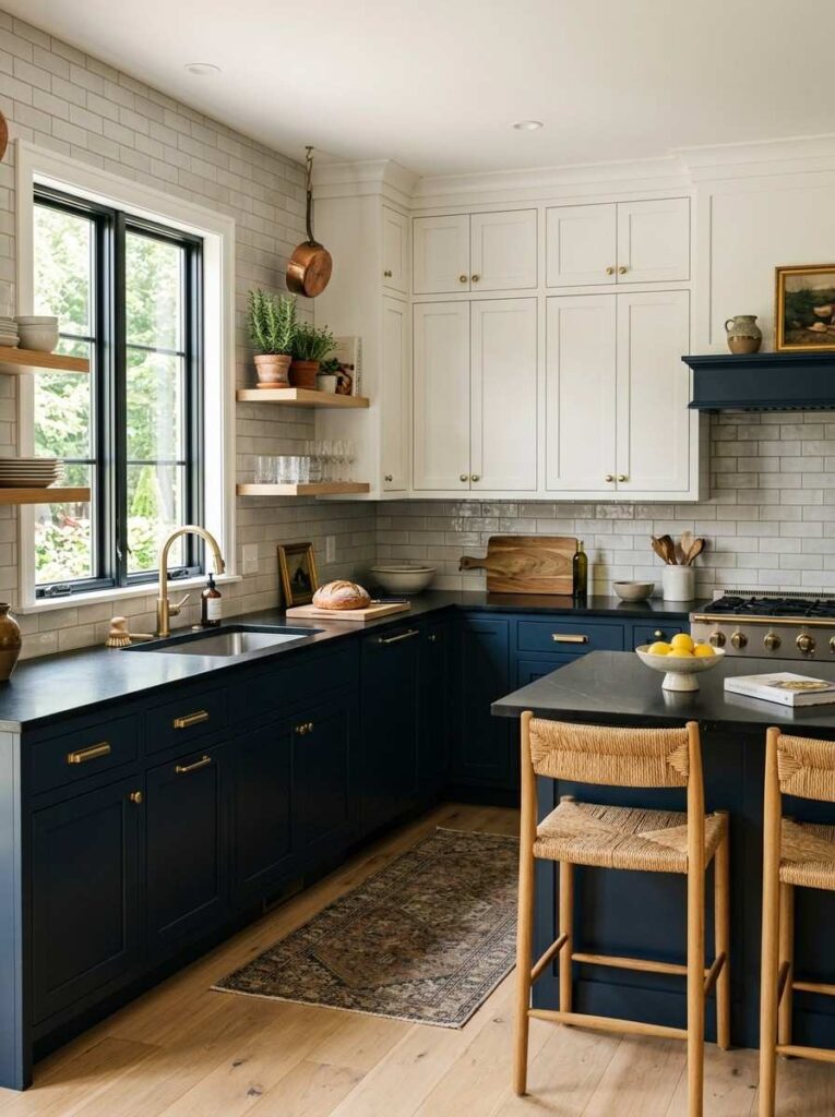 Black countertops with two tone white upper and navy lower cabinets grey backsplash in a stylish custom designed kitchen