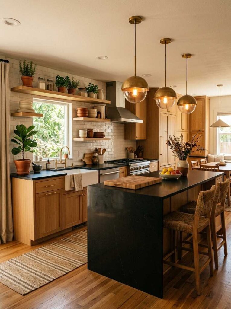 Black countertops with warm oak wood cabinets brass pendant lights and open shelving in a cozy modern kitchen