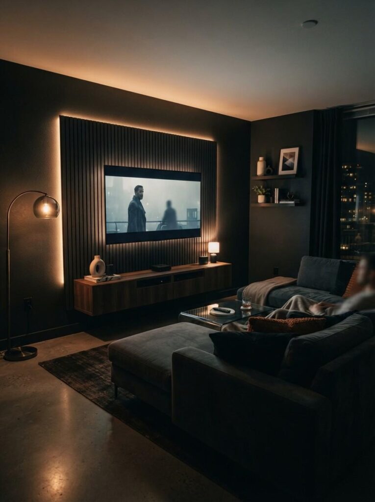 LED backlit TV panel with warm amber halo glow creating cinematic lounge atmosphere in dark modern living room
