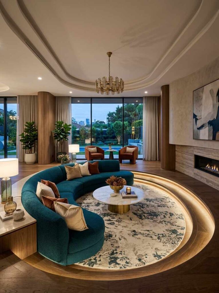 Elegant sunken living room with a statement curved sofa and round coffee table.