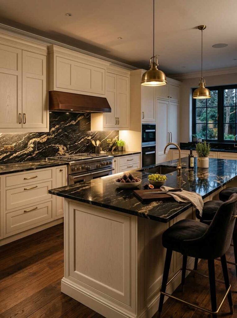 Black granite countertops with natural gold veining in a luxurious kitchen with cream cabinets and warm under cabinet lighting