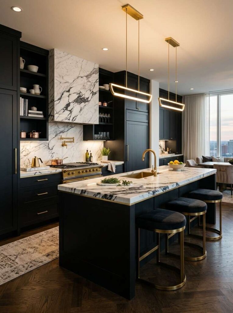  Black kitchen cabinets with white marble countertops bold dark veining and gold fixtures creating a five star luxury hotel inspired kitchen design