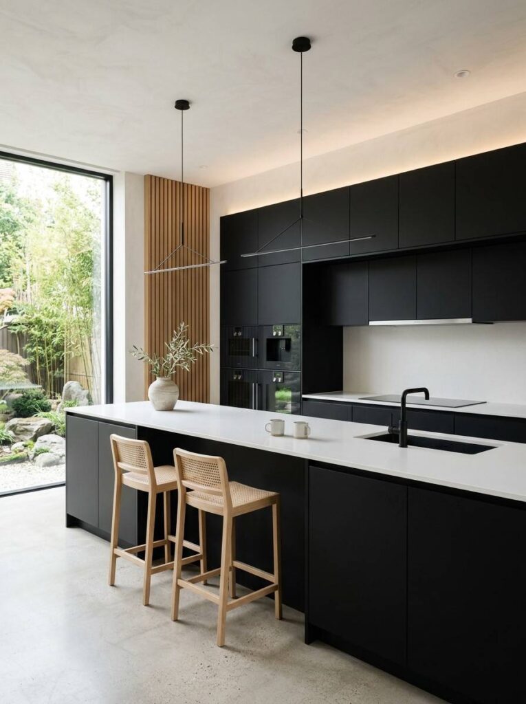 Ultra sleek minimalist kitchen with flat front handle-free matte black cabinets, seamless integrated black appliances, pure white stone countertops completely clutter free, soft recessed lighting, calm and impossibly chic atmosphere, Japandi inspired, photorealistic