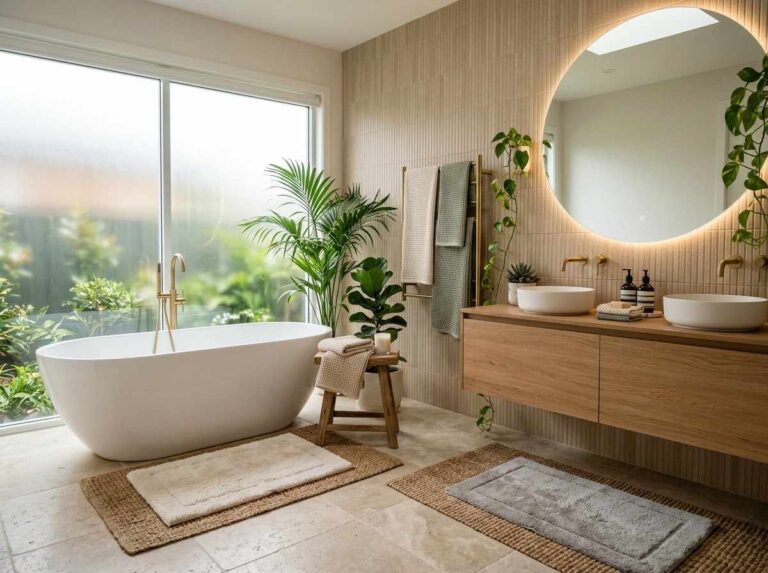 Stylish modern bathroom with cozy rugs, warm lighting, and spa-inspired decor.