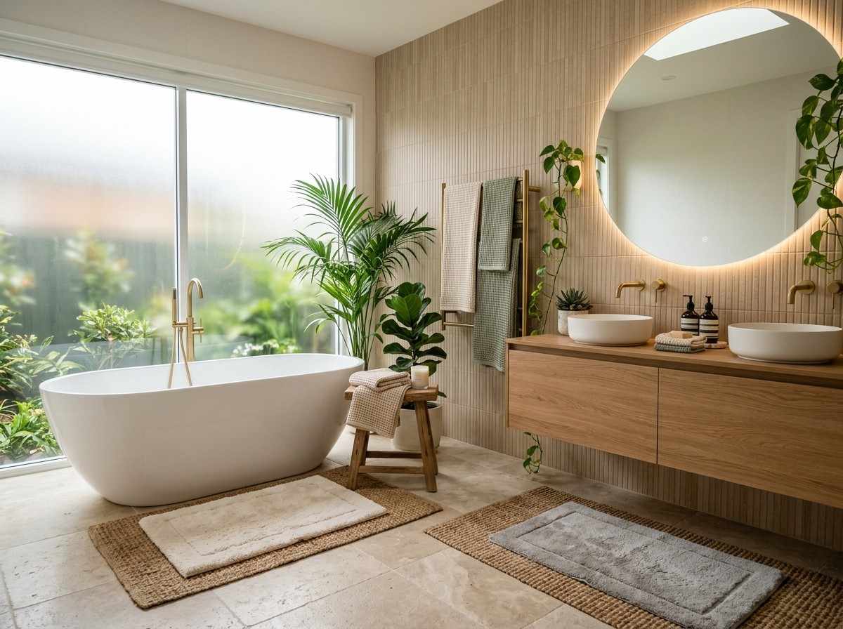 Stylish modern bathroom with cozy rugs, warm lighting, and spa-inspired decor.