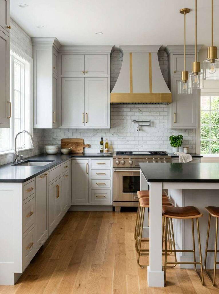 Black countertops with grey cabinets brass hardware and marble backsplash in a chic sophisticated modern kitchen