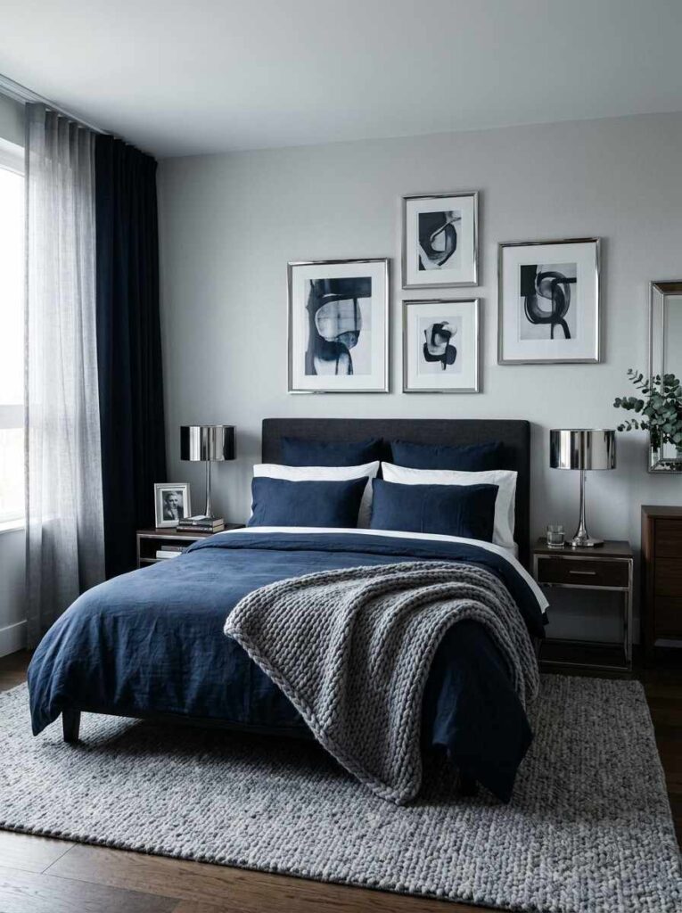 Navy blue and grey bedroom with grey walls navy bedding chunky knit throw silver accents and plush rug in a sophisticated moody style